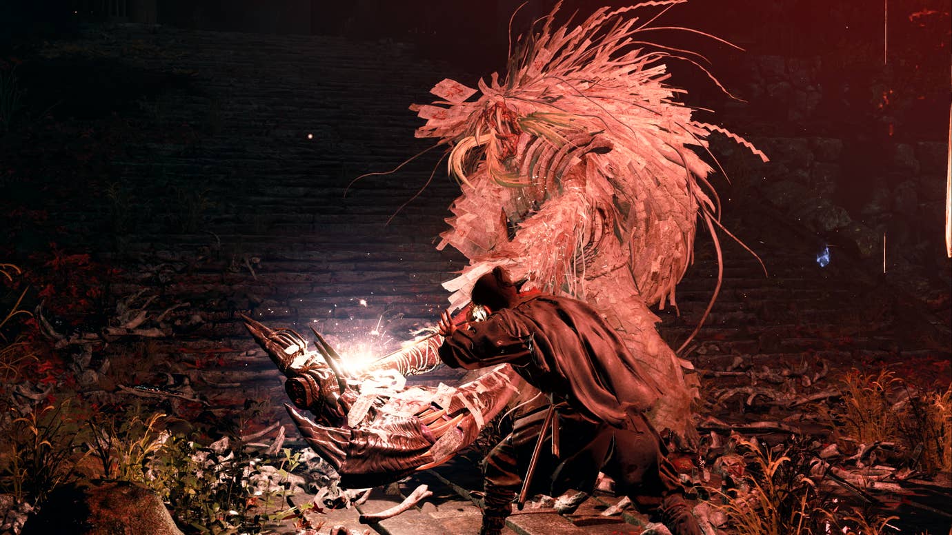 A samurai parrying hits from a huge toothy claw monster made of paper, from Onimusha: Way Of The Sword.